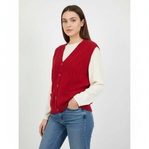 Tinkuy Alpaca Wool Sweater Vest Red Large Peru Artisan Knit Pocket Button Front